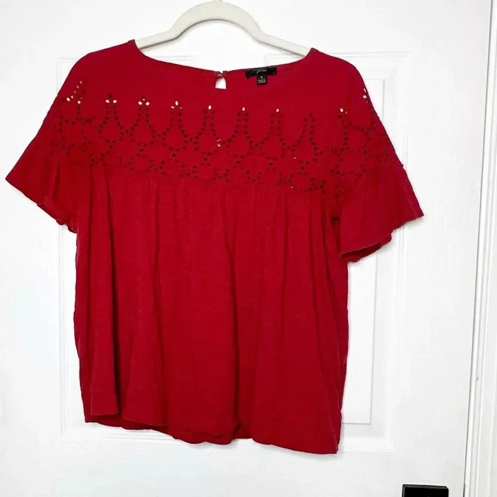 J. CREW Size S‎ Red Eyelet Top Vintage Cotton Flutter Sleeve
